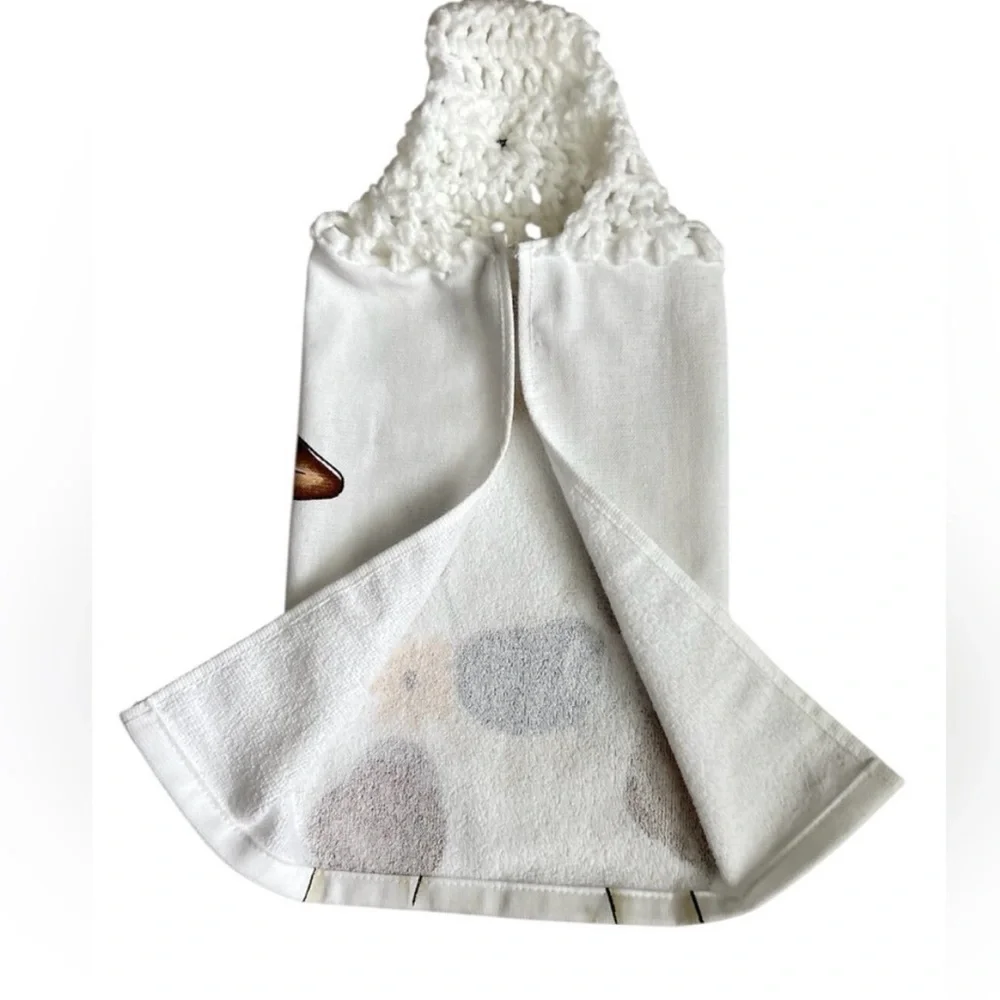 Hand Crafted Colorful Cow Print Hanging Hand Towel Crochet Top Button Closure - Picture 4 of 6